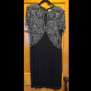 1980s Vintage Oleg Cassini Black Tie Silk Sequin Beaded Dress